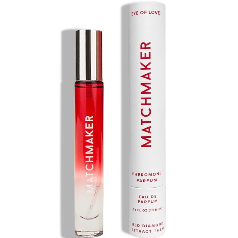 Flacon roll-on rouge Matchmaker Red Diamond presente de face a cote de sa boite Eye Of Love, parfum aux pheromones de 10 ml, format voyage Eau de Parfum.