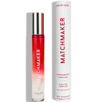 Flacon roll-on rouge Matchmaker Red Diamond presente de face a cote de sa boite Eye Of Love, parfum aux pheromones de 10 ml, format voyage Eau de Parfum.
