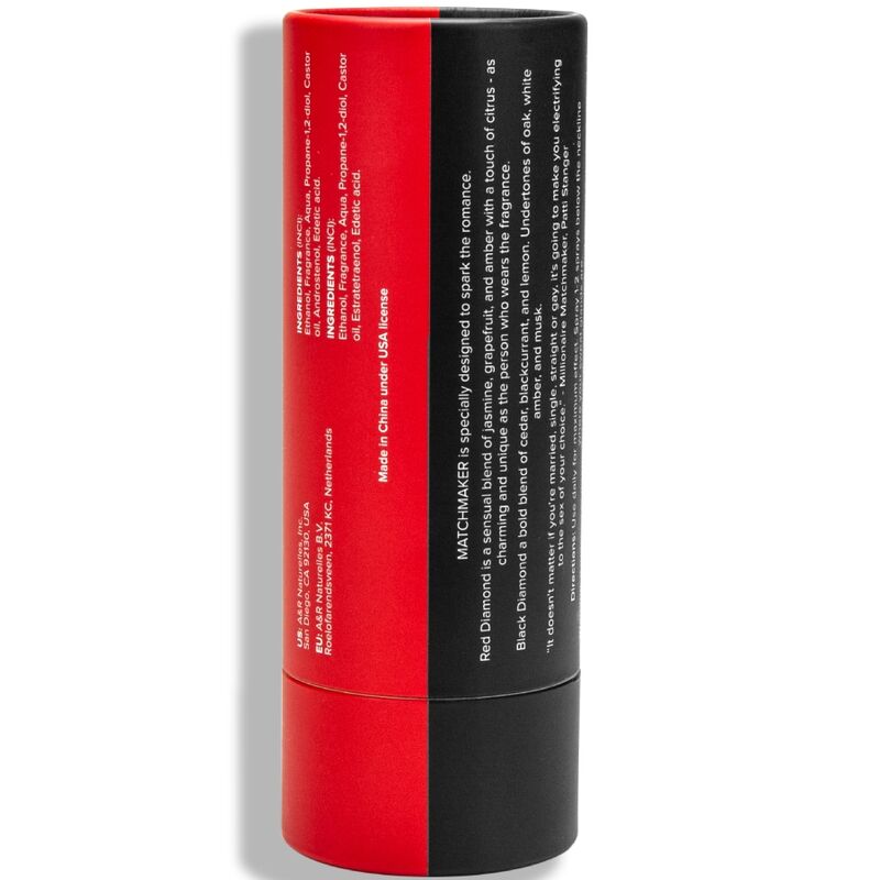 Verso de l etui cylindrique Matchmaker Couples Kit montrant les mentions produit, coffret duo de parfums aux pheromones pour couple Eye Of Love.