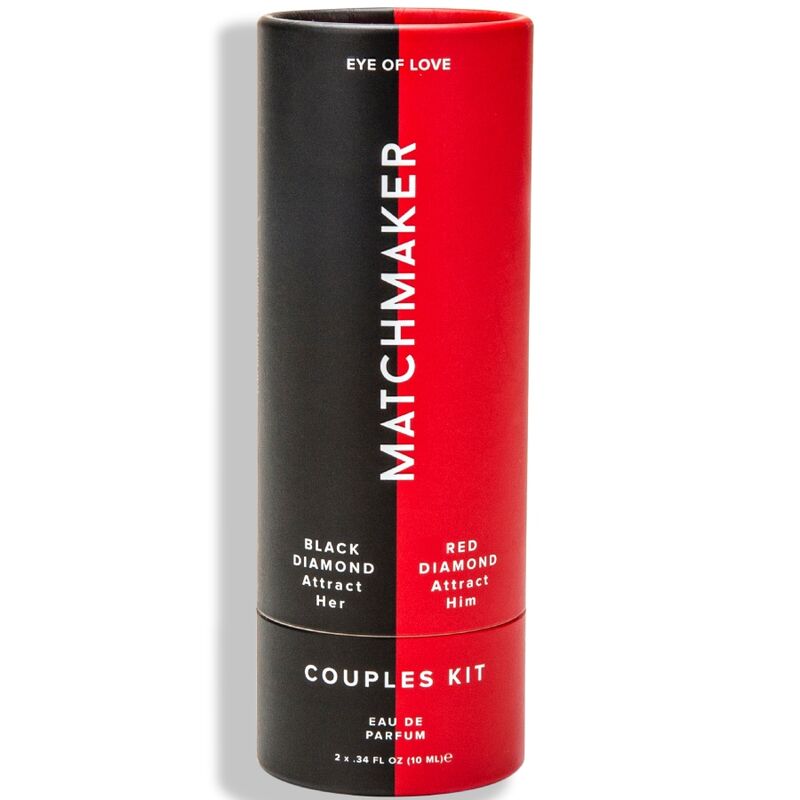 Etui cylindrique Matchmaker Couples Kit de face, bicolore noir et rouge, coffret duo de parfums aux pheromones pour couple Eye Of Love.