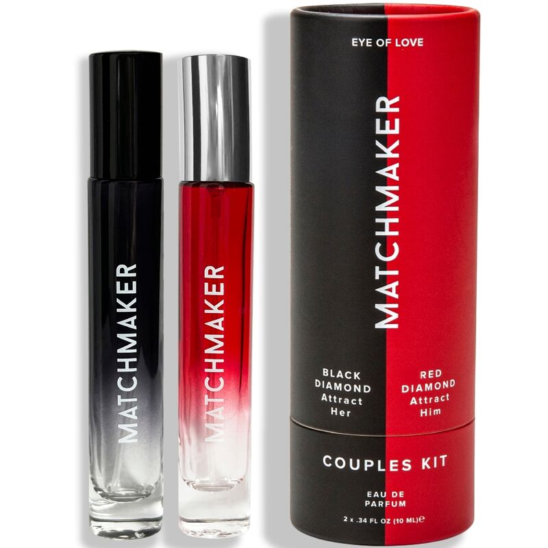 Coffret duo Matchmaker Couples Kit : deux roll-on noir et rouge devant l etui cylindrique, parfums aux pheromones pour couple 2 x 10 ml Eye Of Love.
