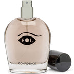 Flacon Confidence avec son bouchon noir pose a cote, vue de trois quarts de l eau de cologne aux pheromones pour homme 50 ml Eye Of Love.