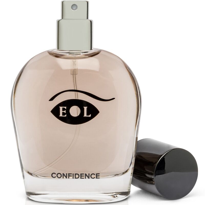 Flacon Confidence avec son bouchon noir pose a cote, vue de trois quarts de l eau de cologne aux pheromones pour homme 50 ml Eye Of Love.