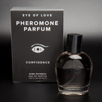 Flacon Confidence teinte ambree devant sa boite Pheromone Parfum, eau de cologne aux pheromones pour homme 50 ml High Potency Eye Of Love.