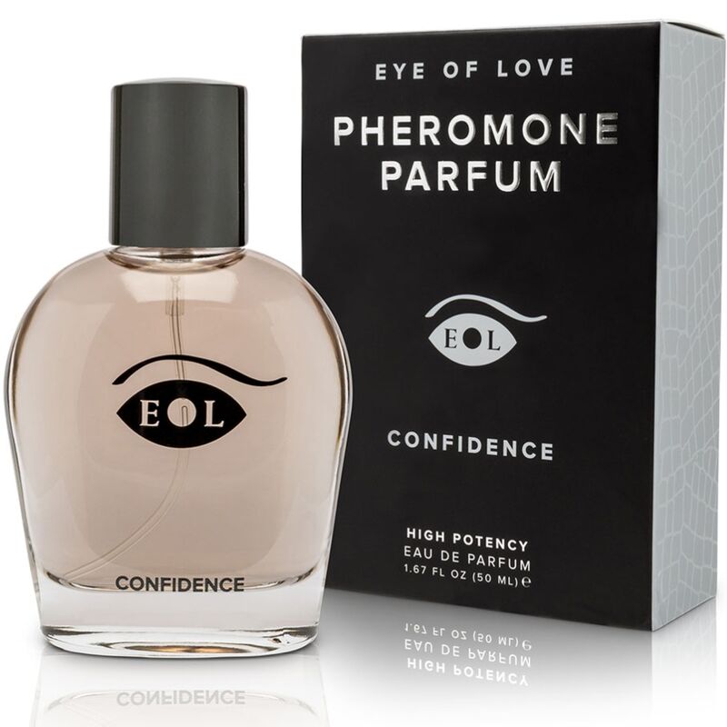 Flacon Confidence logo EOL de face avec sa boite Pheromone Parfum, eau de cologne aux pheromones pour homme 50 ml senteur musquee Eye Of Love.