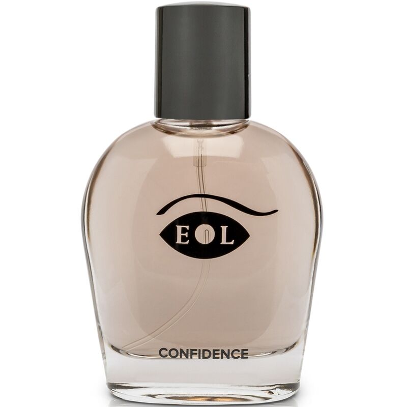 Flacon de parfum Confidence Eye Of Love logo EOL presente seul de face, eau de cologne aux pheromones pour homme 50 ml notes musquees et vanille.