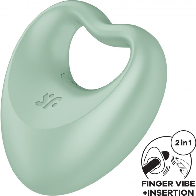 Stimulateur 2 en 1 vert d'eau forme coeur, anneau et doigt vibrant en silicone medical, picto Finger Vibe plus Insertion, cockring polyvalent a porter