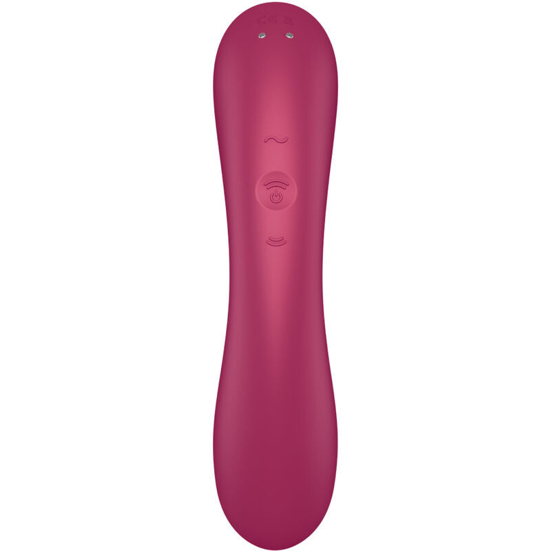 Stimulateur Curvy Trinity bordeaux vu de profil avec ses boutons centraux, corps ondule en silicone et embout d'aspiration, double stimulation 3 en 1 etanche