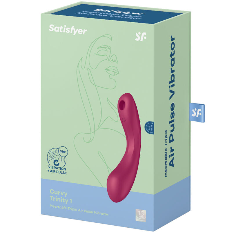 Boite verte Satisfyer Curvy Trinity 1 Air Pulse Vibrator avec dessin de visage stylise et illustration du jouet bordeaux, 3 en 1 vibration et air pulse en silicone