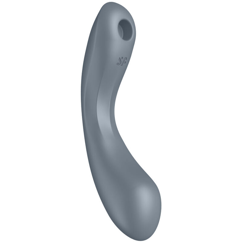 Curvy Trinity 1 gris vu de profil, tige sinueuse en silicone avec embout d'aspiration en haut, stimulateur clitoris et point G 3 en 1, etanche et rechargeable