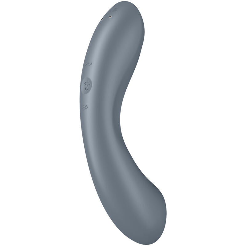Stimulateur Curvy Trinity gris vu de profil avec ses commandes laterales, tige flexible en silicone, stimulation clitoris et point G air pulse et vibration
