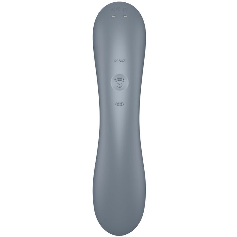 Curvy Trinity 1 gris vu de face montrant les boutons centraux, corps ondule en silicone et embout d'aspiration, double stimulation 3 en 1 etanche rechargeable