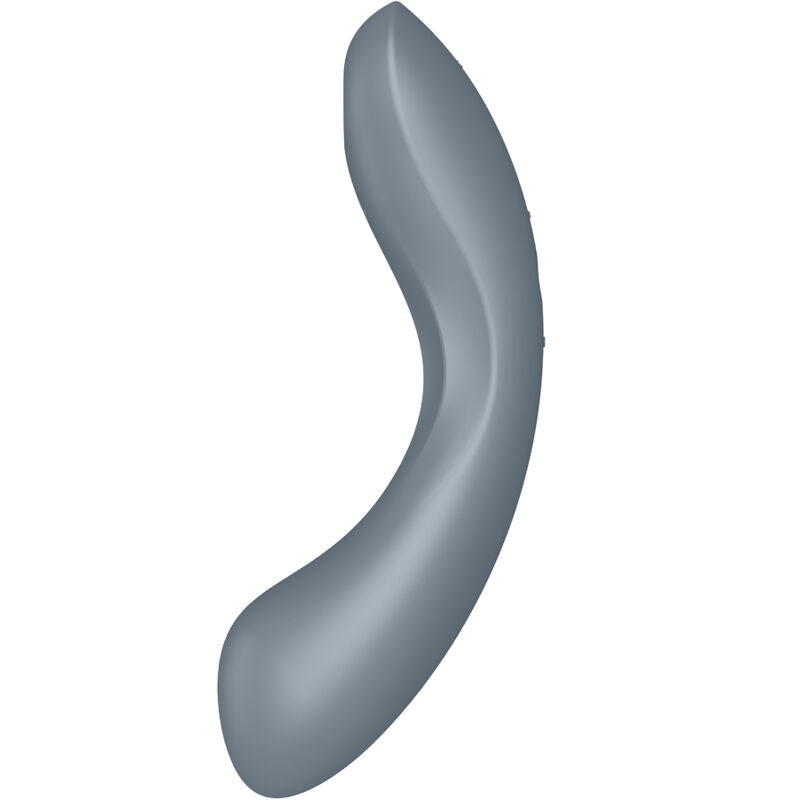 Curvy Trinity 1 gris vu de profil oppose, tige sinueuse en silicone avec orifice d'aspiration, double zone clitoris point G, air pulse et vibration etanche
