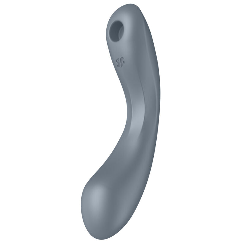 Stimulateur Curvy Trinity gris vu sous un autre angle, corps en S en silicone et tete d'air pulse, double zone clitoris point G, vibration et air pulse etanche