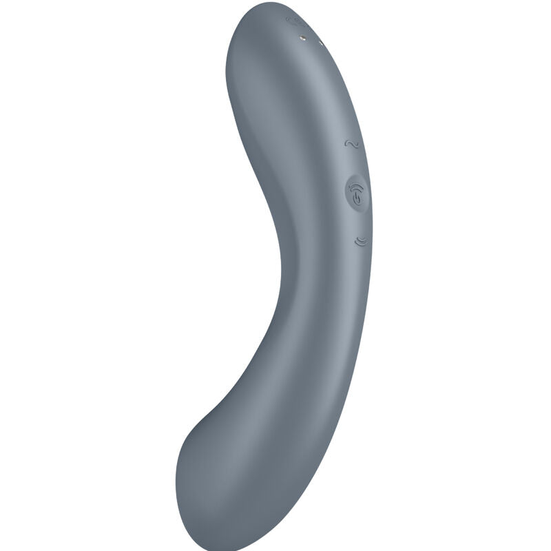 Stimulateur Curvy Trinity gris vu de trois quarts avec commandes, corps ondule en silicone et embout d'air pulse, clitoris et point G 3 en 1 etanche rechargeable