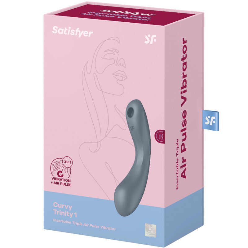 Boite Satisfyer Curvy Trinity 1 Air Pulse Vibrator avec dessin de visage stylise et illustration du jouet gris, 3 en 1 vibration et air pulse, silicone etanche