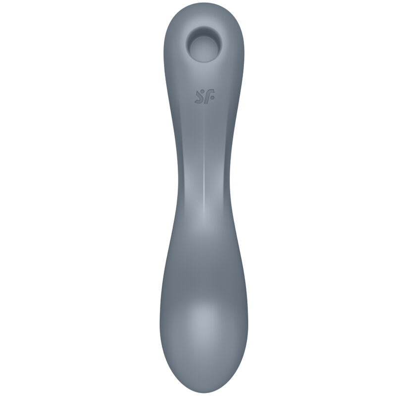 Curvy Trinity 1 gris presente droit, orifice d'air pulse au sommet et corps galbe en silicone logo SF, 3 en 1 air pulse et vibration, etanche rechargeable