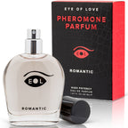 Flacon Romantic vaporisateur ouvert devant sa boite et son bouchon, parfum aux pheromones pour homme 50 ml notes vanille et jasmin Eye Of Love.