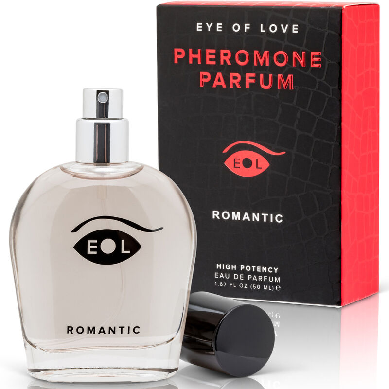 Flacon Romantic vaporisateur ouvert devant sa boite et son bouchon, parfum aux pheromones pour homme 50 ml notes vanille et jasmin Eye Of Love.