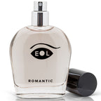 Flacon Romantic logo EOL avec bouchon noir pose a cote, parfum aux pheromones pour homme 50 ml accord boise citronne vanille Eye Of Love.
