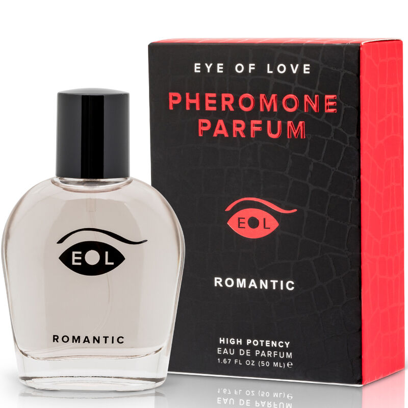 Flacon Romantic logo EOL de face avec sa boite Pheromone Parfum, parfum aux pheromones pour homme 50 ml accord boise et citronne Eye Of Love.