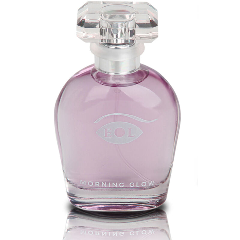 Flacon rose Morning Glow logo EOL presente seul de face, parfum aux pheromones pour femme 50 ml notes ylang-ylang citron pomme Eye Of Love.
