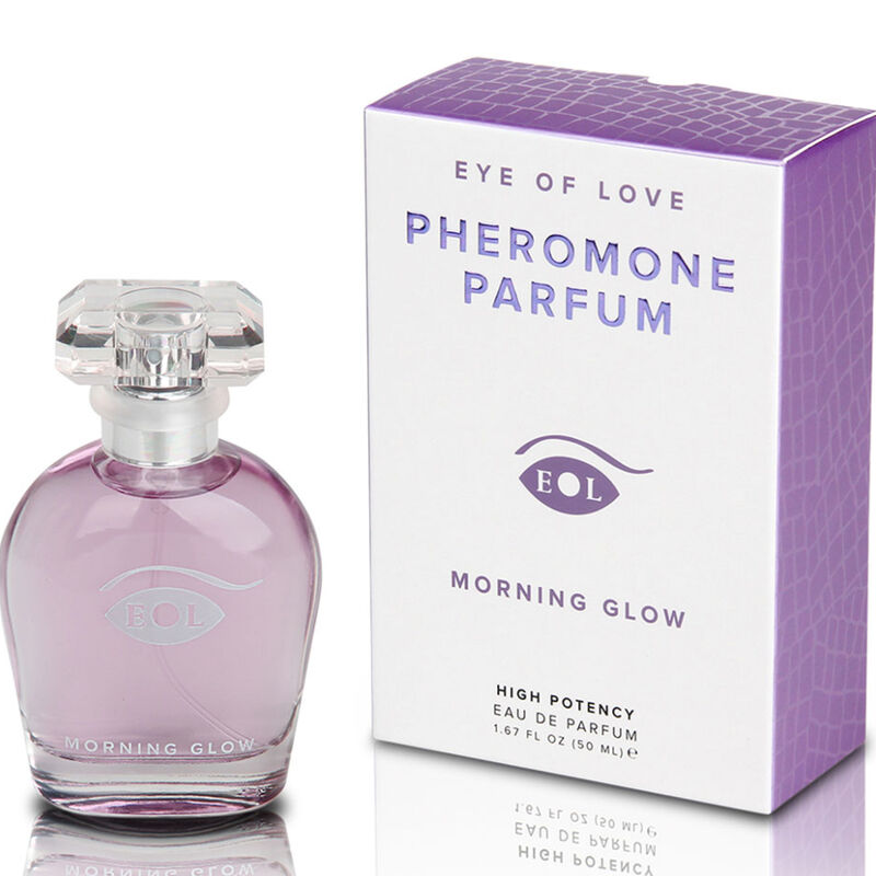 Flacon rose Morning Glow de face avec sa boite Pheromone Parfum violette, parfum aux pheromones pour femme 50 ml notes florales Eye Of Love.