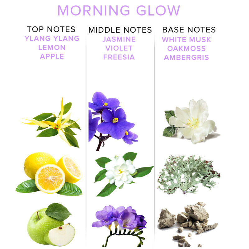 Pyramide olfactive Morning Glow illustree (ylang-ylang, citron, pomme, jasmin, violette, musc blanc), notes du parfum aux pheromones femme Eye Of Love.