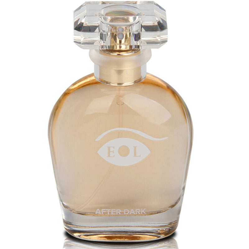 Flacon ambre After Dark logo EOL presente seul de face, parfum aux pheromones pour femme 50 ml notes jasmin iris chocolat blanc Eye Of Love.