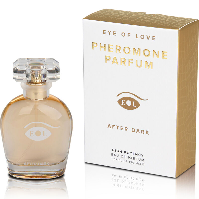 Flacon ambre After Dark de face avec sa boite Pheromone Parfum, parfum aux pheromones pour femme 50 ml sillage gourmand et sensuel Eye Of Love.