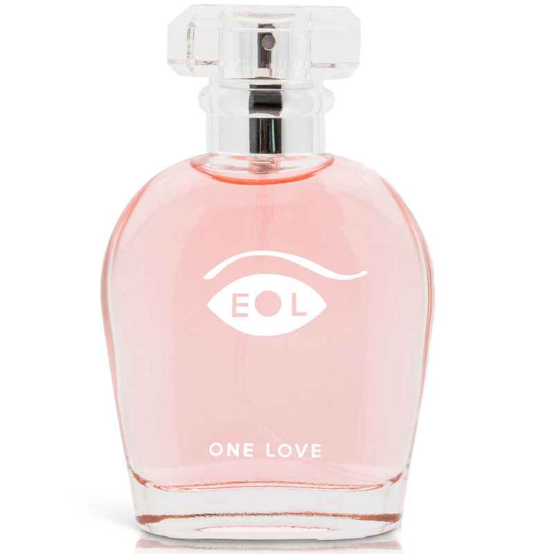 Flacon rose One Love logo EOL presente seul de face, parfum aux pheromones pour femme 50 ml composition florale et base sensuelle Eye Of Love.