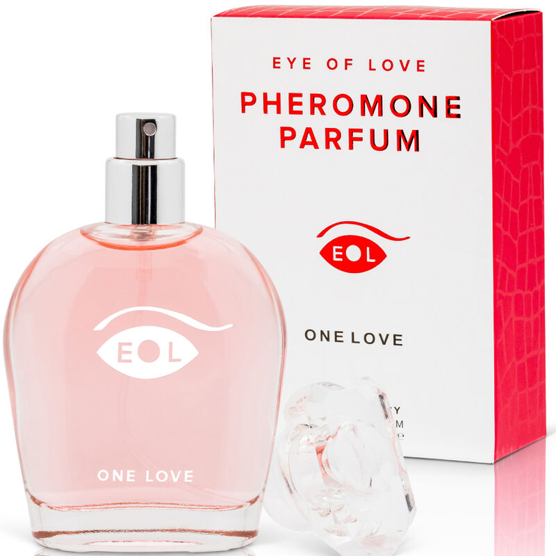 Flacon rose One Love et sa boite Pheromone Parfum cote a cote, parfum aux pheromones pour femme 50 ml base musc ambre vanille Eye Of Love.