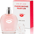 Flacon rose One Love et sa boite Pheromone Parfum cote a cote, parfum aux pheromones pour femme 50 ml base musc ambre vanille Eye Of Love.