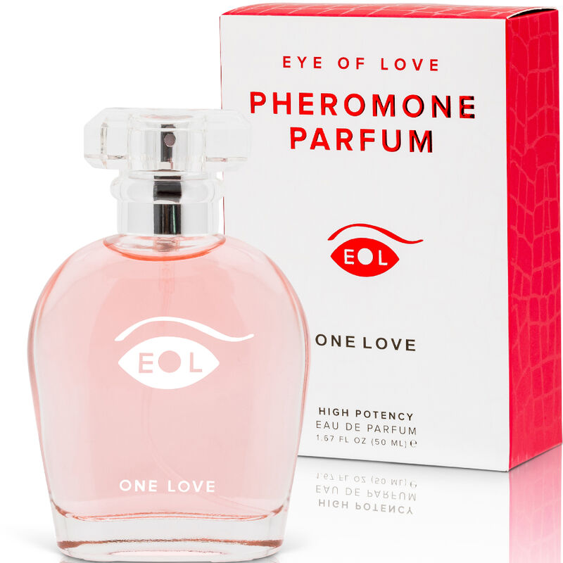 Flacon rose One Love de face avec sa boite Pheromone Parfum, parfum aux pheromones pour femme 50 ml composition florale jasmin rose lys Eye Of Love.