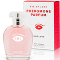 Flacon rose One Love de face avec sa boite Pheromone Parfum, parfum aux pheromones pour femme 50 ml composition florale jasmin rose lys Eye Of Love.