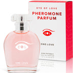 Flacon rose One Love de face avec sa boite Pheromone Parfum, parfum aux pheromones pour femme 50 ml composition florale jasmin rose lys Eye Of Love.