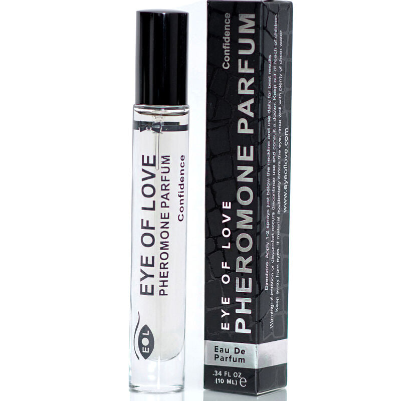 Roll-on Confidence logo EOL devant sa boite noire Pheromone Parfum, parfum aux pheromones Confidence pour homme 10 ml notes musquees Eye Of Love.