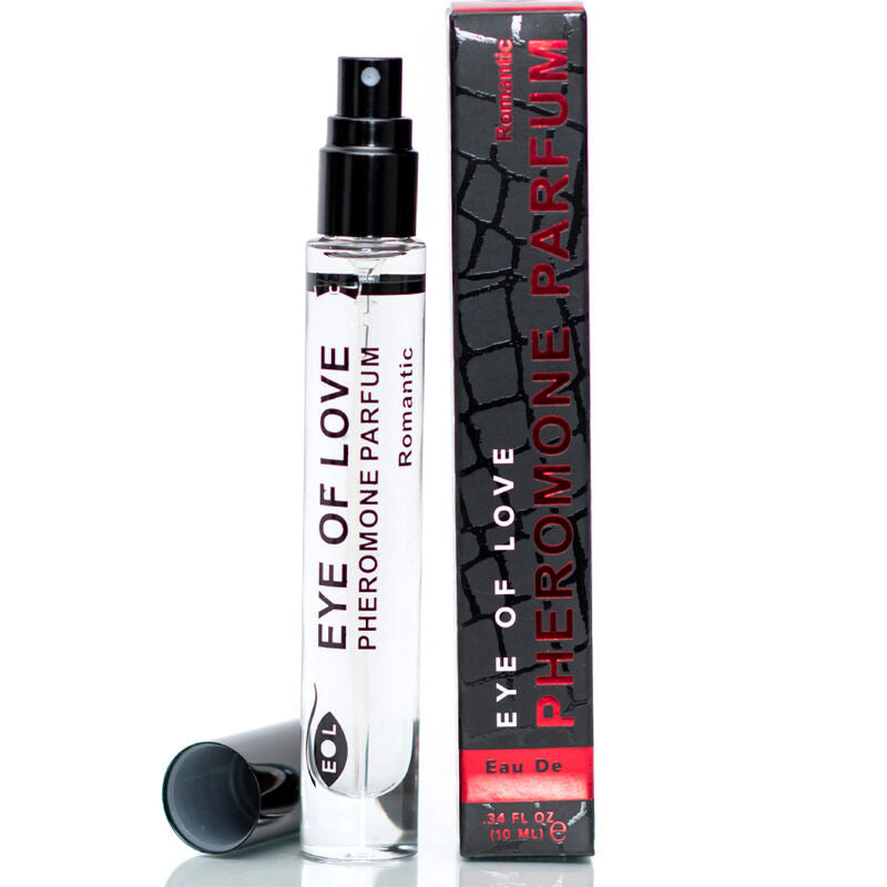Roll-on Romantic avec bouchon detache devant sa boite noire, parfum aux pheromones Romantic pour homme 10 ml citronnelle jasmin vanille Eye Of Love.