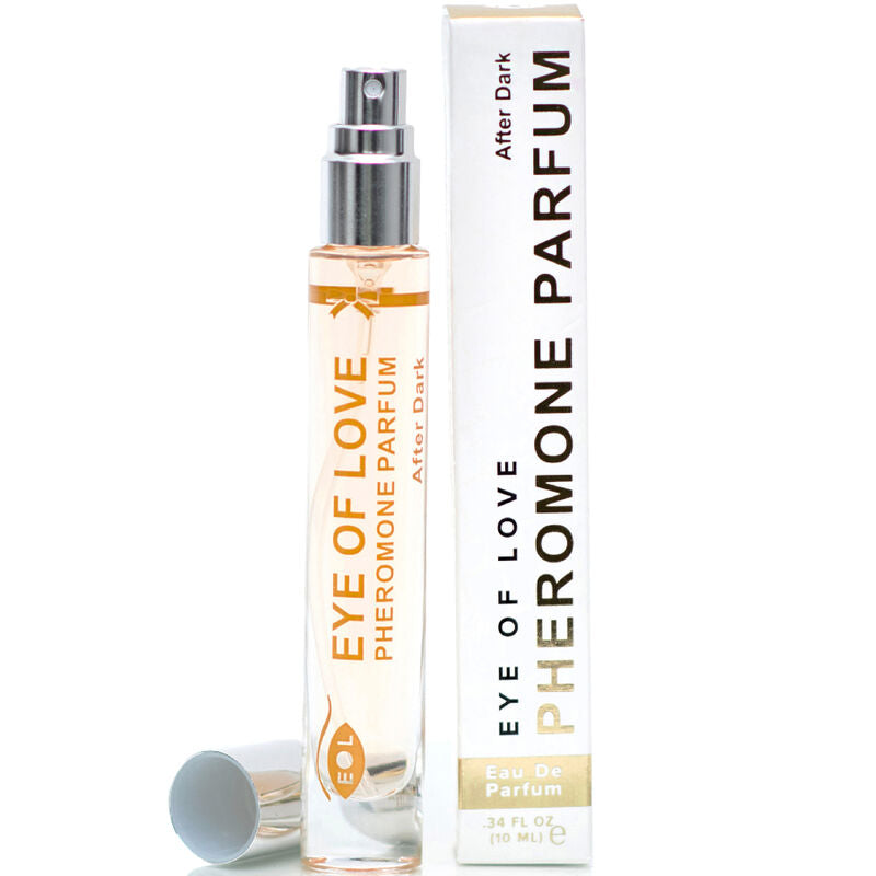 Roll-on After Dark avec bouchon detache devant sa boite, parfum aux pheromones pour femme 10 ml iris pamplemousse jasmin vanille Eye Of Love.
