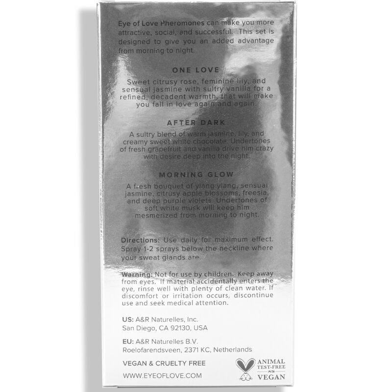 Verso de l etui du coffret 3 parfums aux pheromones pour femme montrant descriptifs et mentions vegan, trio de roll-on 10 ml Eye Of Love.