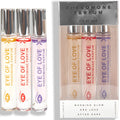 Coffret 3 parfums aux pheromones pour femme : trio de roll-on Morning Glow, One Love et After Dark devant l emballage Pheromone Parfum Eye Of Love.