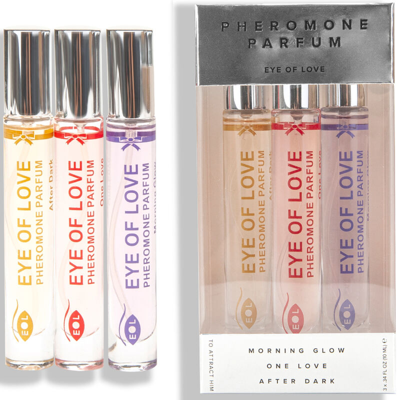 Coffret 3 parfums aux pheromones pour femme : trio de roll-on Morning Glow, One Love et After Dark devant l emballage Pheromone Parfum Eye Of Love.