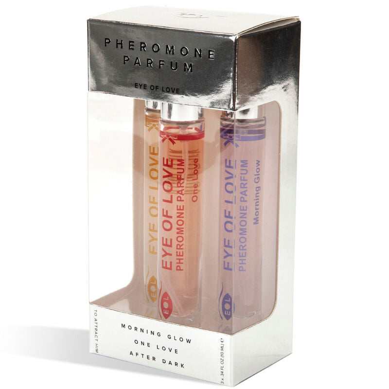 Coffret 3 parfums aux pheromones pour femme dans son etui transparent montrant les trois roll-on 10 ml Morning Glow One Love After Dark Eye Of Love.