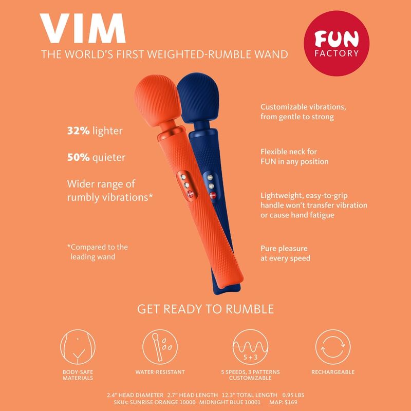 fun factory vim baguette rumble vibrante rechargeable en silicone bleu minuit