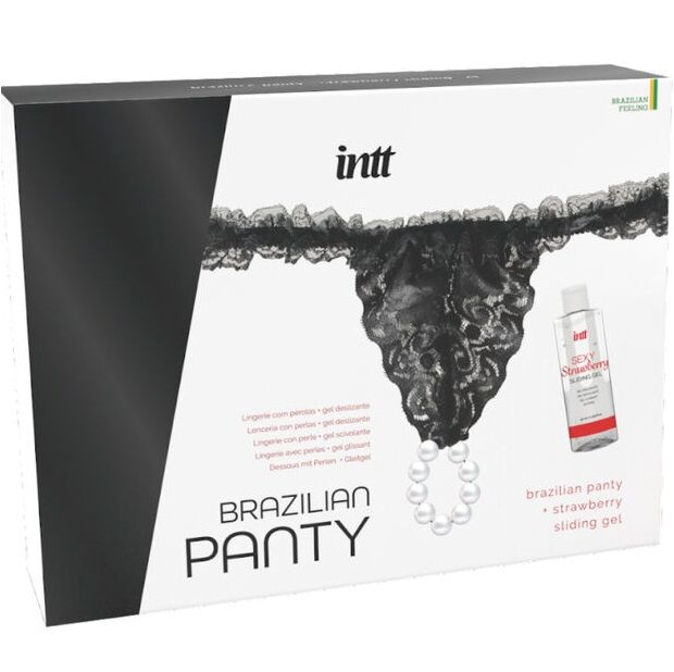 Boite Brazilian Panty Intt de face montrant une culotte bresilienne en dentelle noire avec anneau de perles et flacon de gel lubrifiant fraise inclus.
