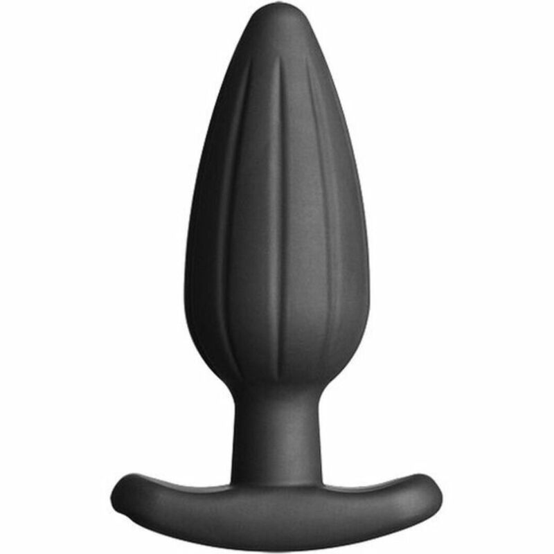 Plug anal Rocker Medium ElectraStim en silicone noir vu de face, tige striee et base incurvee a bascule, electrode bipolaire 130 mm pour electrostimulation interne.
