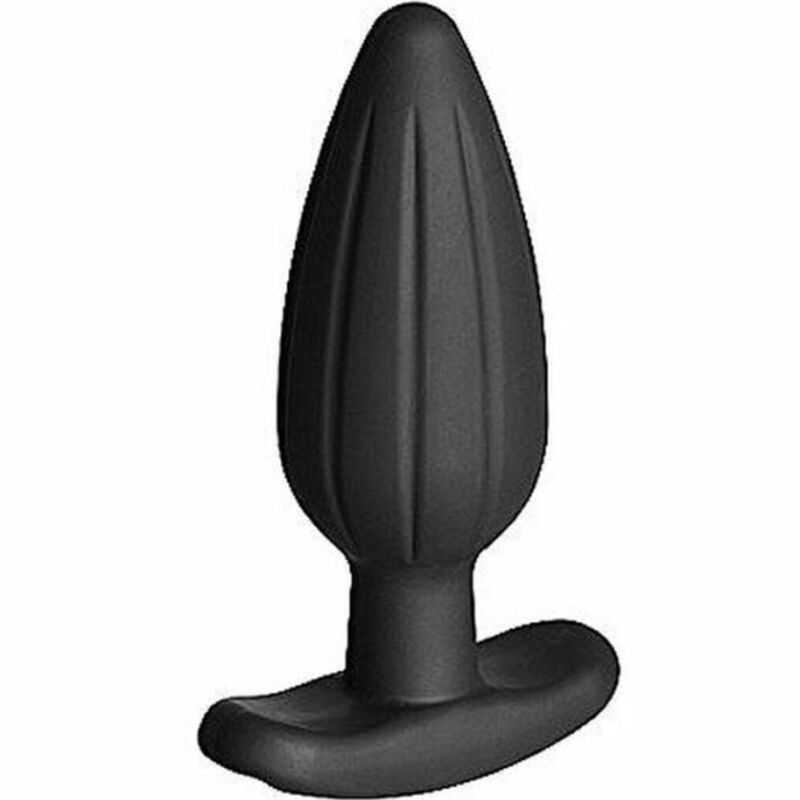 Plug anal Rocker Medium ElectraStim en silicone noir vu en angle, corps conique a stries verticales et base ergonomique bipolaire pour electrostimulation anale.