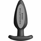 Plug anal Rocker ElectraStim en silicone noir avec marquage Conductive Zone sur la base, electrode bipolaire striee a base a bascule pour electrostimulation anale.