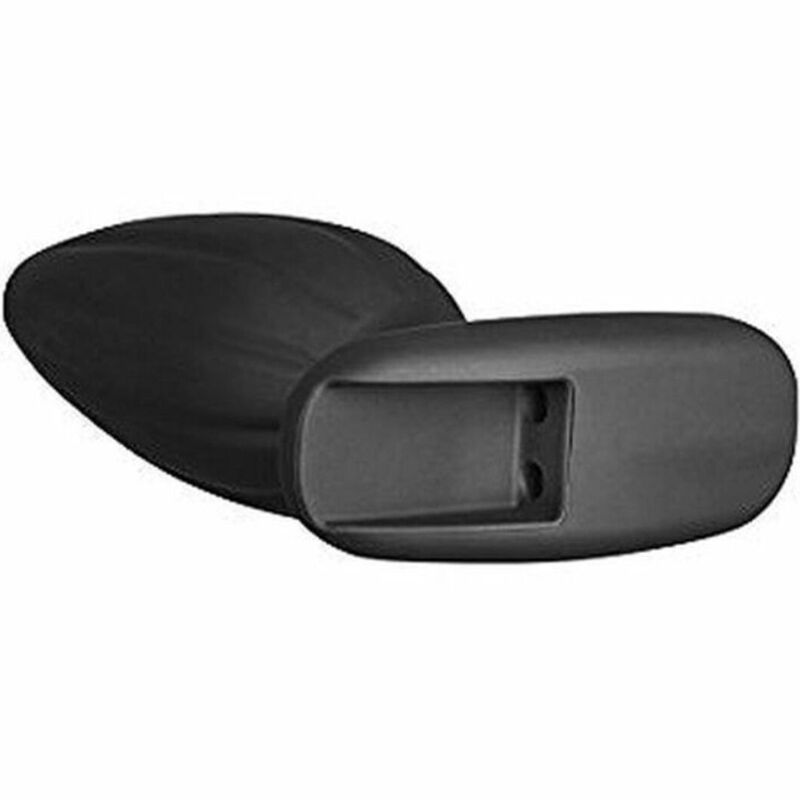 Vue de dessous du plug anal Rocker ElectraStim en silicone noir, base incurvee a bascule presentant les entrees connecteur bipolaires 2 mm pour electrostimulation.