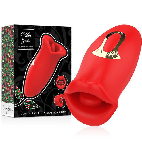 Boite du stimulateur Sicilia double plaisir avec le sextoy rouge en forme de rose et de bouche a langue souple, gamme vibrating and biting en silicone, vue produit et emballage.